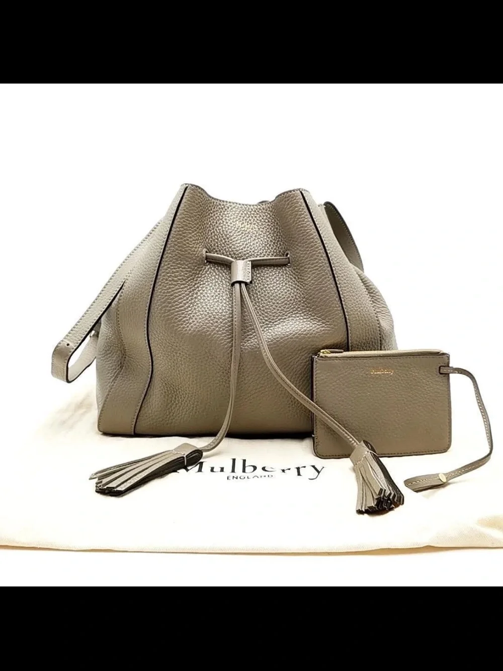 Mulberry Women's Taupe Pebbled Leather Drawstring Bucket Bag with Pouch